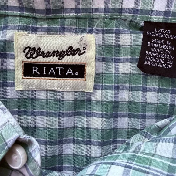 New Wrangler Riata Classic Grn Plaid Long Sleeve Button Down Shirt Men's Large - Picture 5 of 7